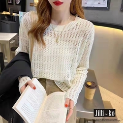 JILLI-KO 韓國CHIC鏤空圓領寬鬆針織上衣- 白/黑