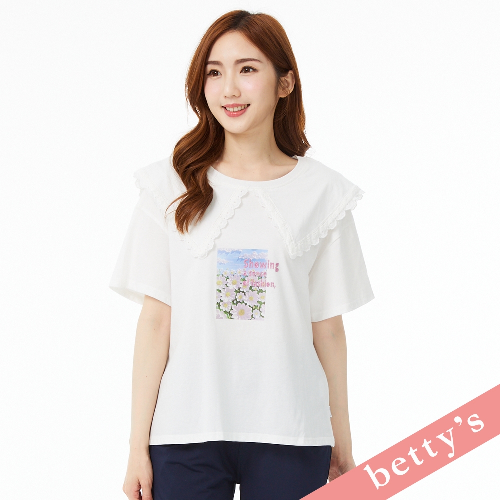 betty’s貝蒂思　水手蕾絲邊領雛菊印花T-shirt(白色)