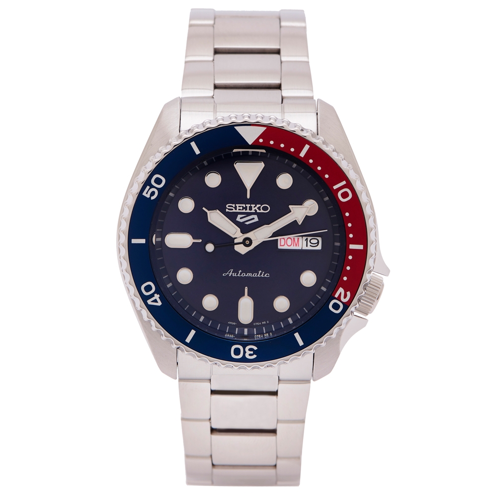 SEIKO 5號機械sport系列不鏽鋼錶帶款手錶 (SRPD53K1)-藍面X藍與紅框/42mm