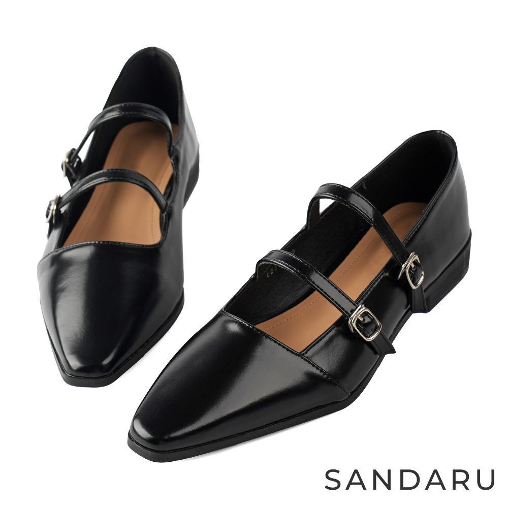 山打努SANDARU-瑪莉珍 法式雙釦帶尖頭低跟鞋-黑