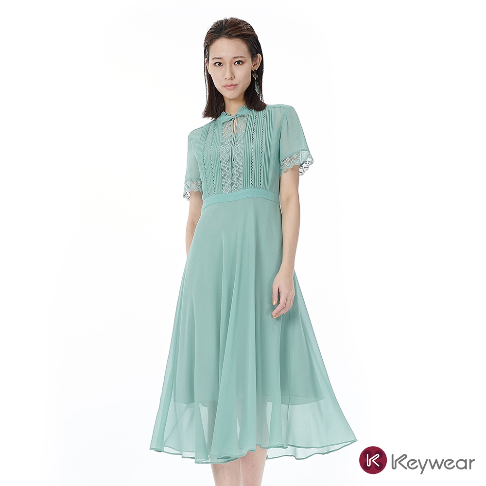 KeyWear奇威名品    氣質蕾絲短袖洋裝-淺綠色
