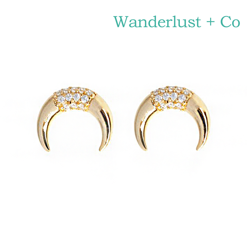 Wanderlust+Co 澳洲時尚品牌 LUNA PAVE立體新月造型鑲嵌水晶耳環 金色