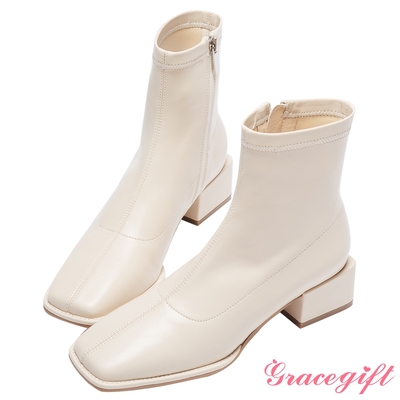 【Grace Gift】innisfree-韓系方頭造型中跟短靴 米白