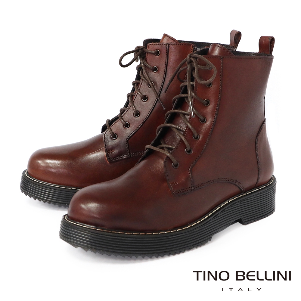 (時尚美靴)Tino Bellini 歐洲進口厚挺牛皮個性馬丁綁帶短靴-咖啡