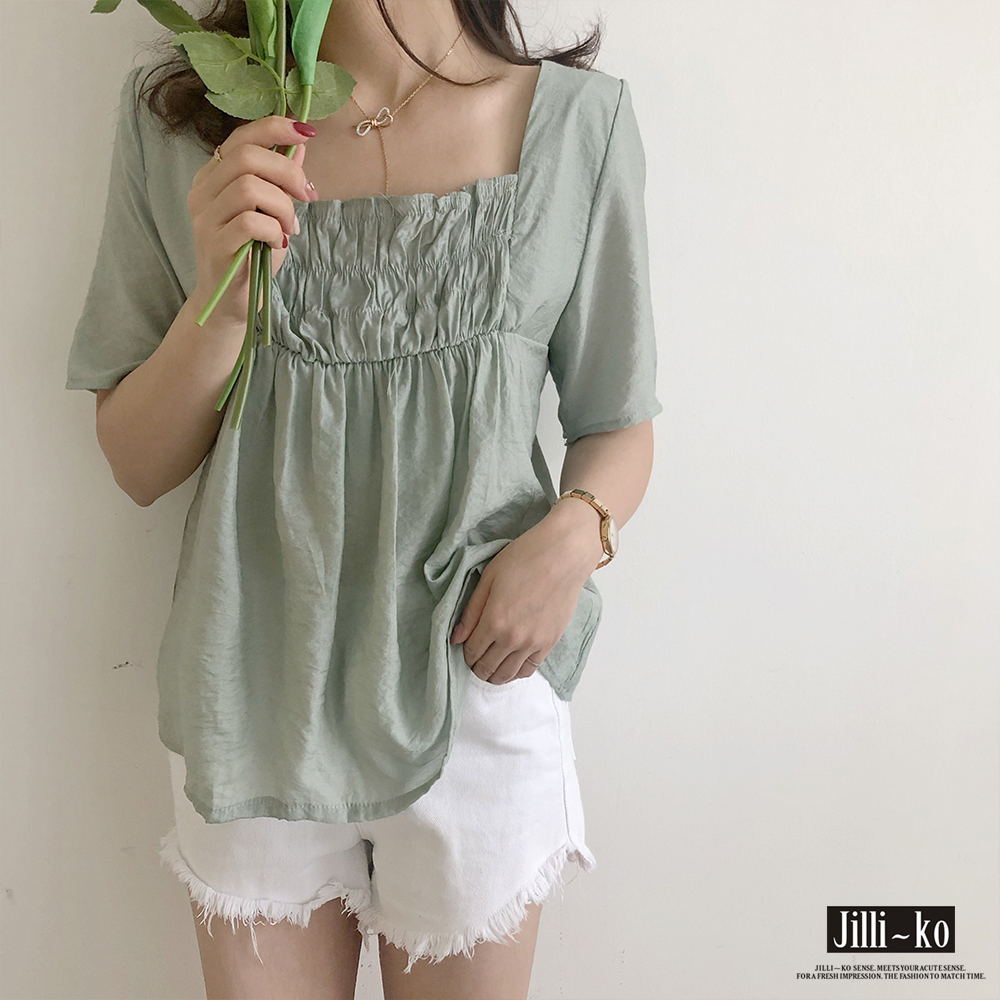 JILLI-KO 韓版方領寬鬆娃娃衫- 黃/淺綠