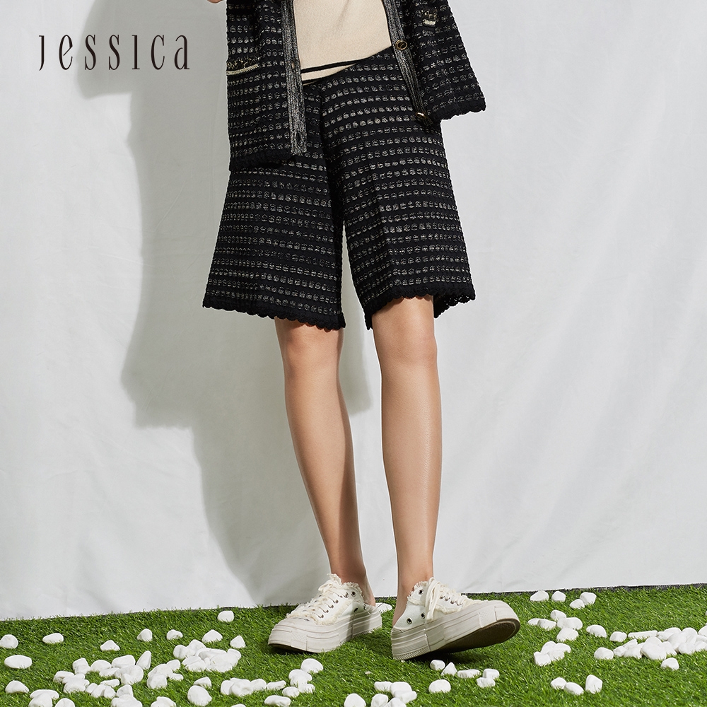 JESSICA - 百搭鬆緊腰撞色立體雙面針織五分寬褲22218C