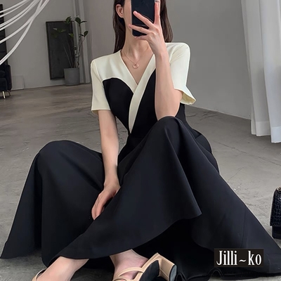 JILLI-KO 圍裹式復古赫本風高級感氣質連衣裙- 黑色