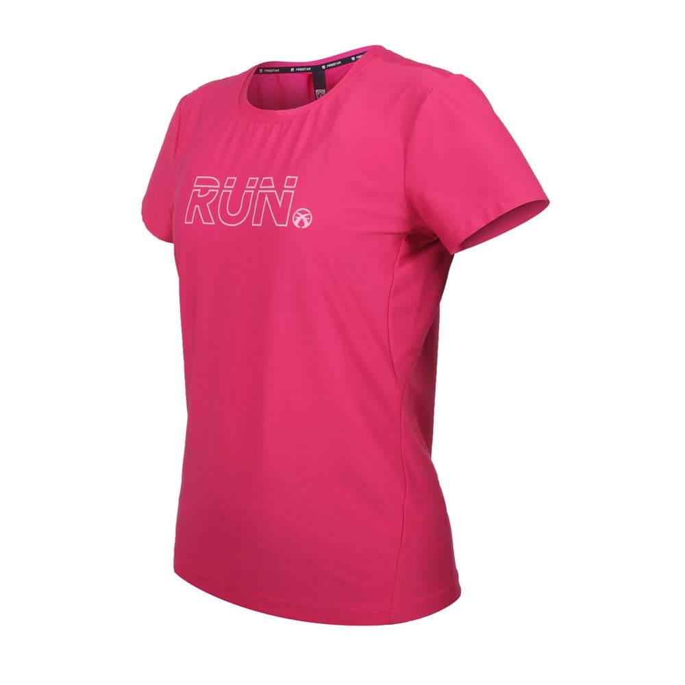 FIRESTAR 女彈性印花圓領短袖T恤-運動 慢跑 路跑 上衣 涼感 DL163-47 桃紅粉