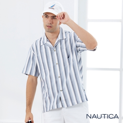 Nautica 男裝 古巴領風情短袖襯衫-藍