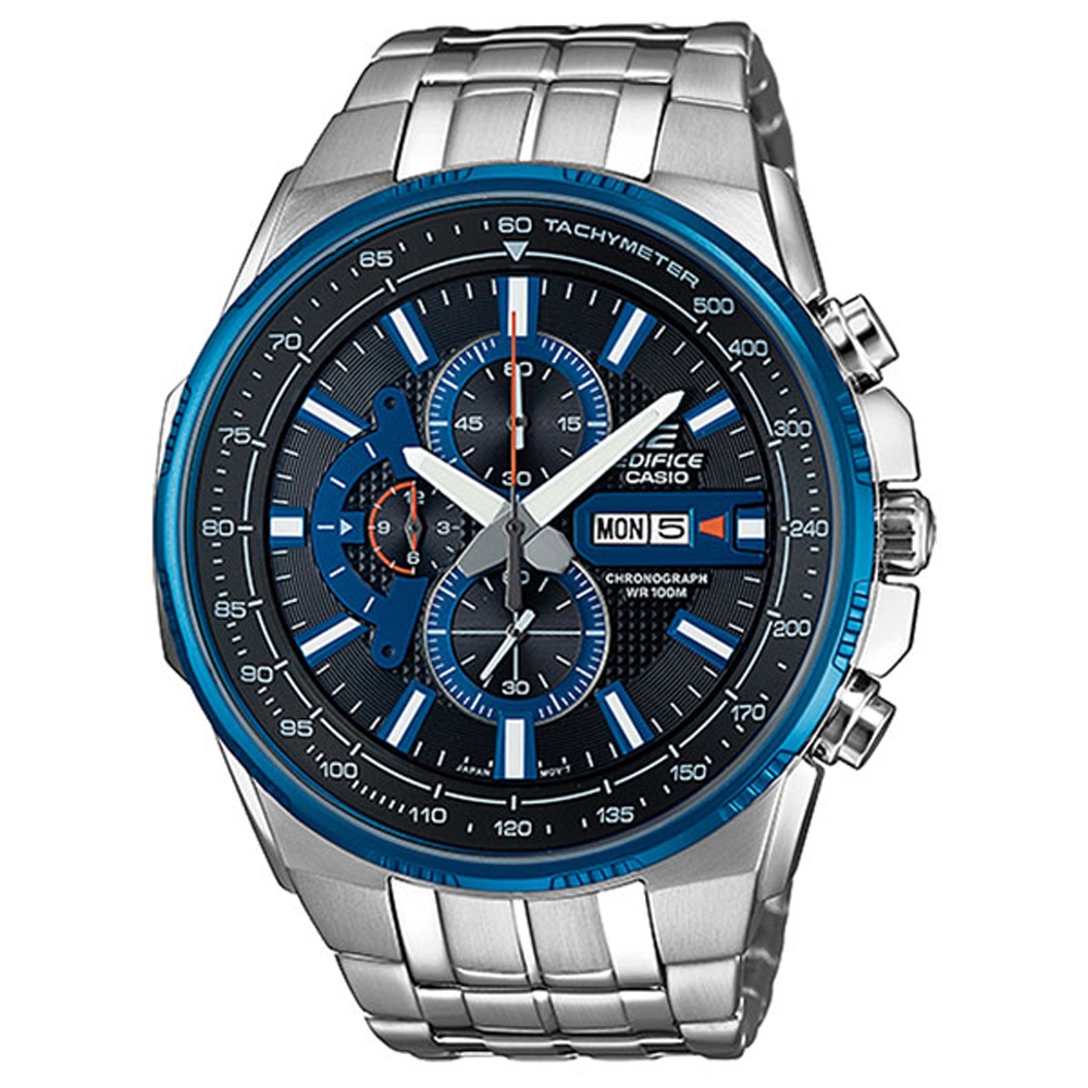 CASIO EDIFICE系列 高速轉移三眼賽車腕錶-藍框黑x銀-EFR-549D-1A2VUDF