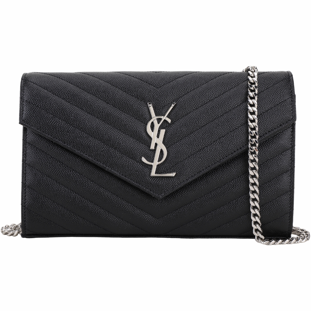 YSL Saint Laurent Monogram 銀字絎縫魚子醬牛皮鍊帶斜背包(大型/黑色)