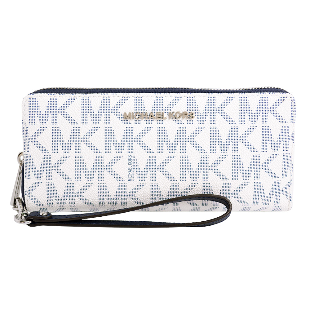 MICHAEL KORS JET SET TRAVEL銀字LOGO滿版防刮皮革長夾-白/藍