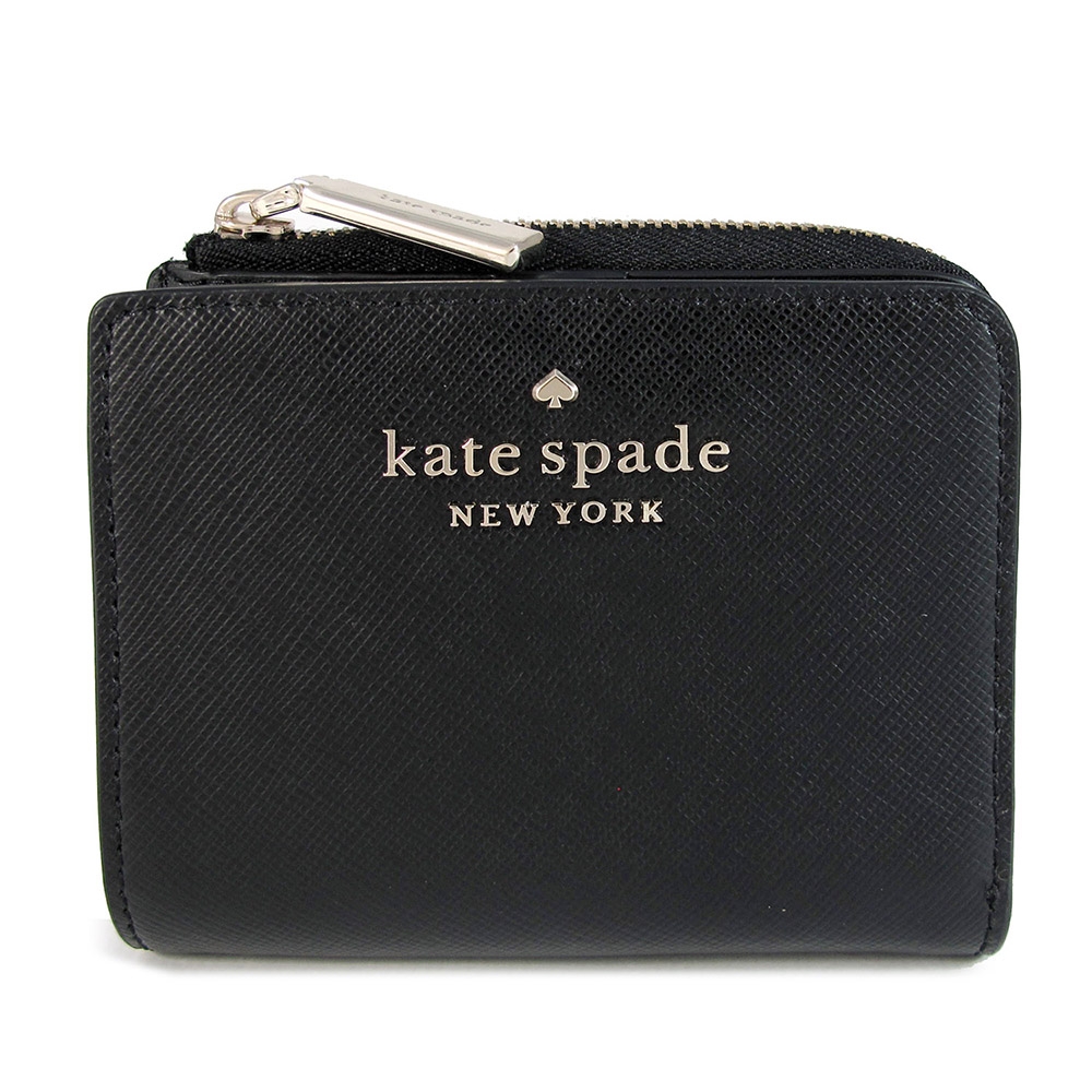 Kate Spade Staci 金字Logo十字紋防刮皮革壓扣對開式短夾(黑色)