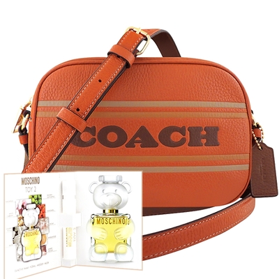 COACH 橘色荔枝紋皮革LOGO條紋斜背相機包+MOSCHINO小香水