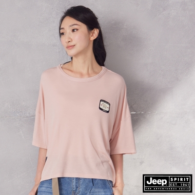 JEEP 女裝 天絲棉涼感寬版五分袖T恤 -粉紅