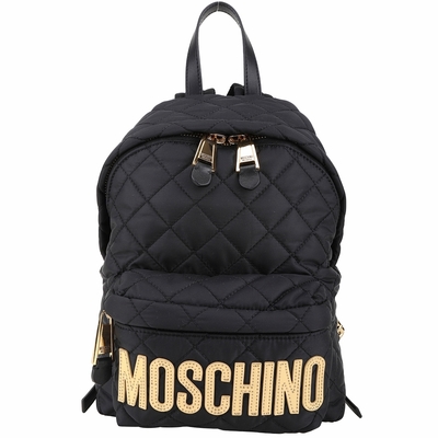 MOSCHINO 菱格紋車縫線撞色字母後背包(黑x金色)