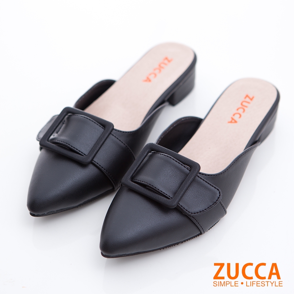 ZUCCA-皮革方扣尖頭平底拖鞋-黑-z6811bk