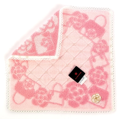 CLATHAS 山茶花包包造型蕾絲滾邊格紋純綿方巾-粉紅色