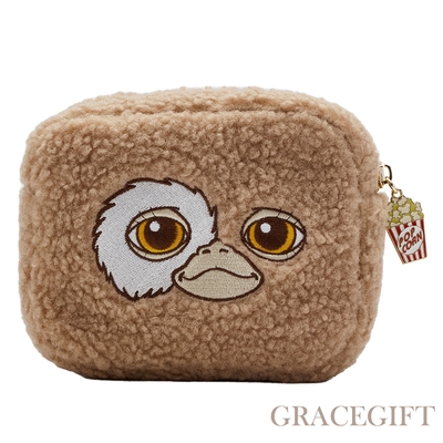 【Grace Gift】GREMLINS-小精靈電繡大臉毛毛化妝包 卡其