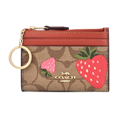 COACH 草莓印花PVC卡片/零錢鑰匙包(紅棕)
