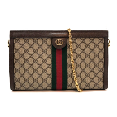 GUCCI Ophidia印花帆布皮革飾邊磁釦雙層肩/斜背包 (烏木)