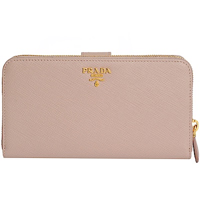 PRADA SAFFIANO METAL 金字logo拉鍊旅行長夾(粉系/加釦式卡夾層)