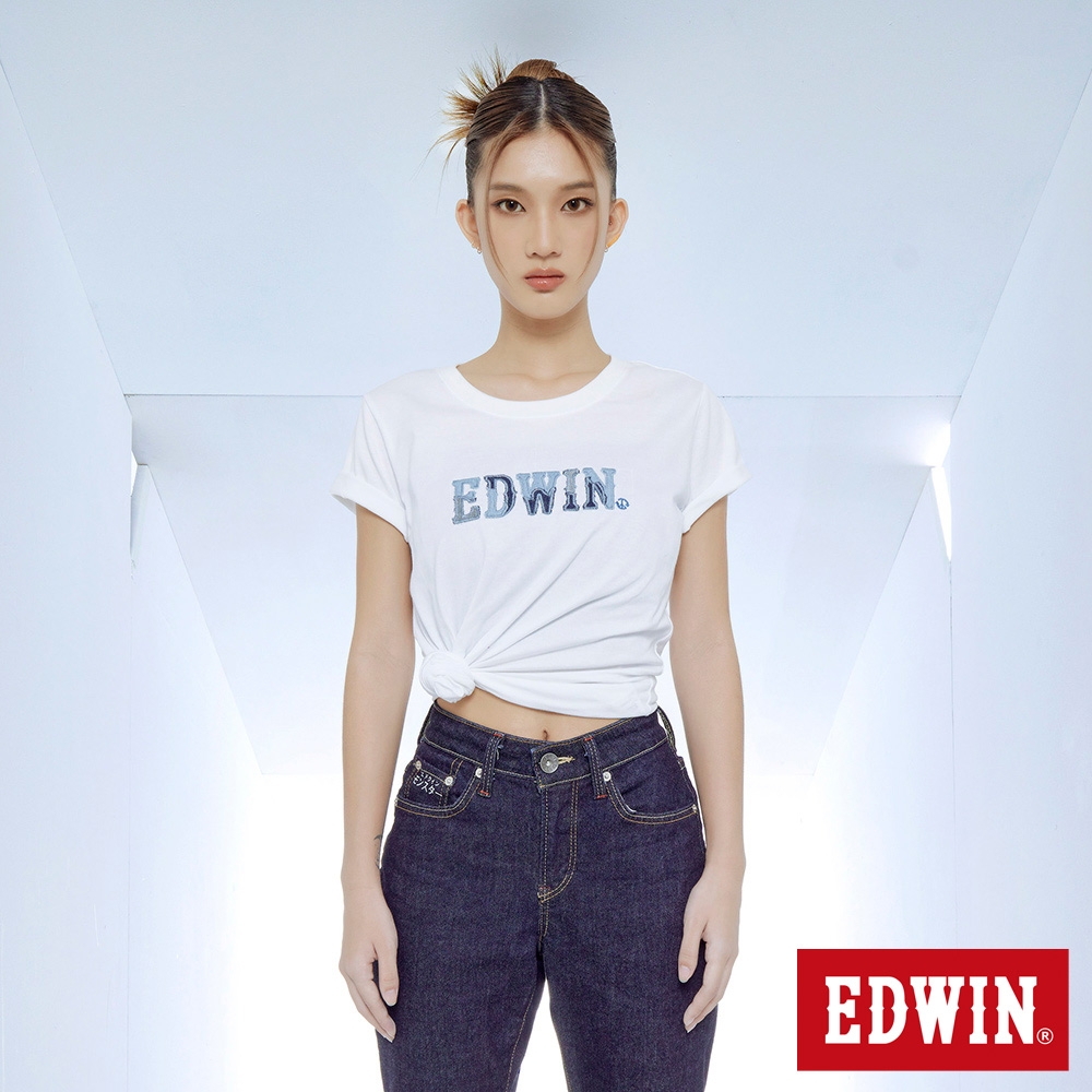 EDWIN 拼布LOGO短袖T恤-女-白色