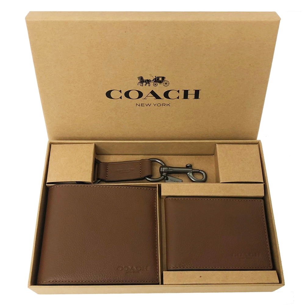 COACH 男款素面牛皮8卡短夾附鑰匙圈活動證件夾禮盒(棕)