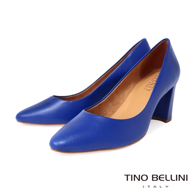 Tino Bellini 巴西進口牛皮素色尖楦粗高跟鞋-寶藍