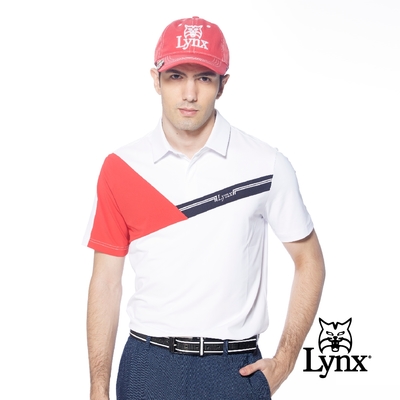 【Lynx Golf】korea男款右肩配色剪裁造型設計短袖POLO衫/高爾夫球衫-白色