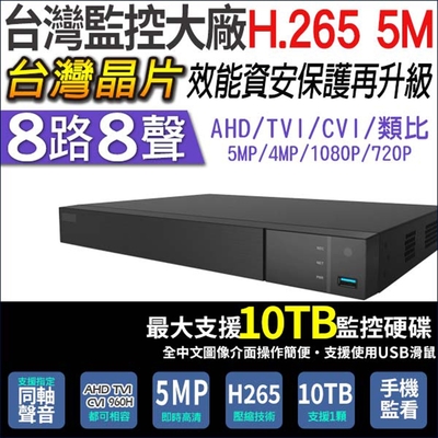 台灣製 500萬 5MP 8路8聲同軸音頻 主機 H.265 DVR 保固兩年-帝網KingNet