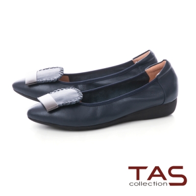 TAS 金屬一字造型尖頭娃娃鞋-內斂藍