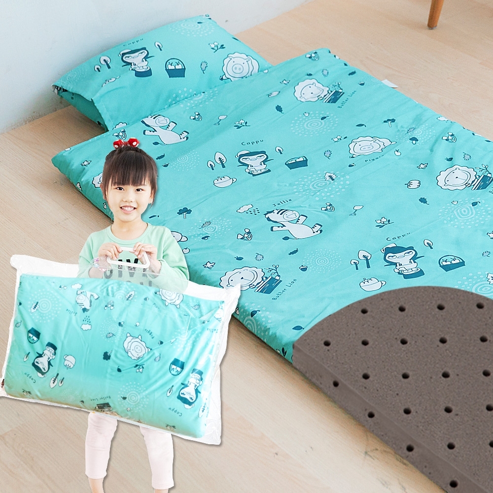 奶油獅-森林野餐-台灣製造-可黏式收納安親午睡記憶睡墊(含枕)幼幼床-藍