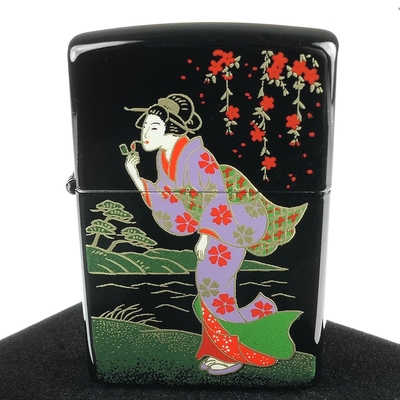 ZIPPO 日系~本金蒔繪-江戶時代之風中女郎-傳統工藝加工打火機