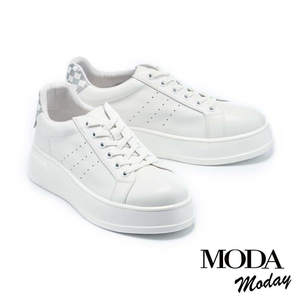 休閒鞋 MODA MODAY 街頭撞色格紋全真皮厚底休閒鞋－白