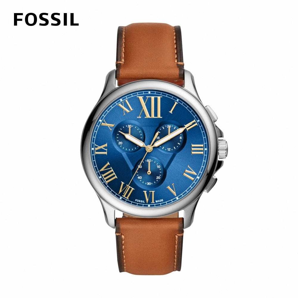 FOSSIL Monty 羅馬數字湛藍三眼男錶 棕色真皮皮革錶帶 44MM FS5640
