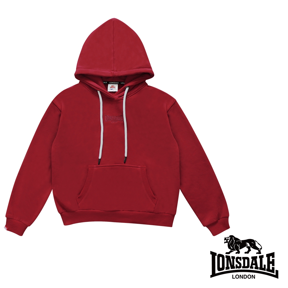 【LONSDALE 英國小獅】刺繡LOGO內刷絨連帽大學T-紅色 LT260017