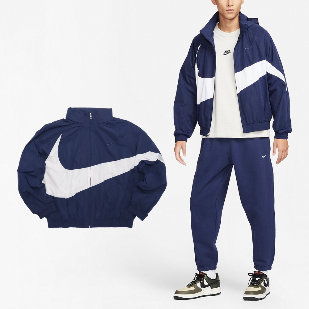 Nike 立領外套Swoosh Jacket 藍白防潑水大勾男款寬鬆風衣連帽FB7878