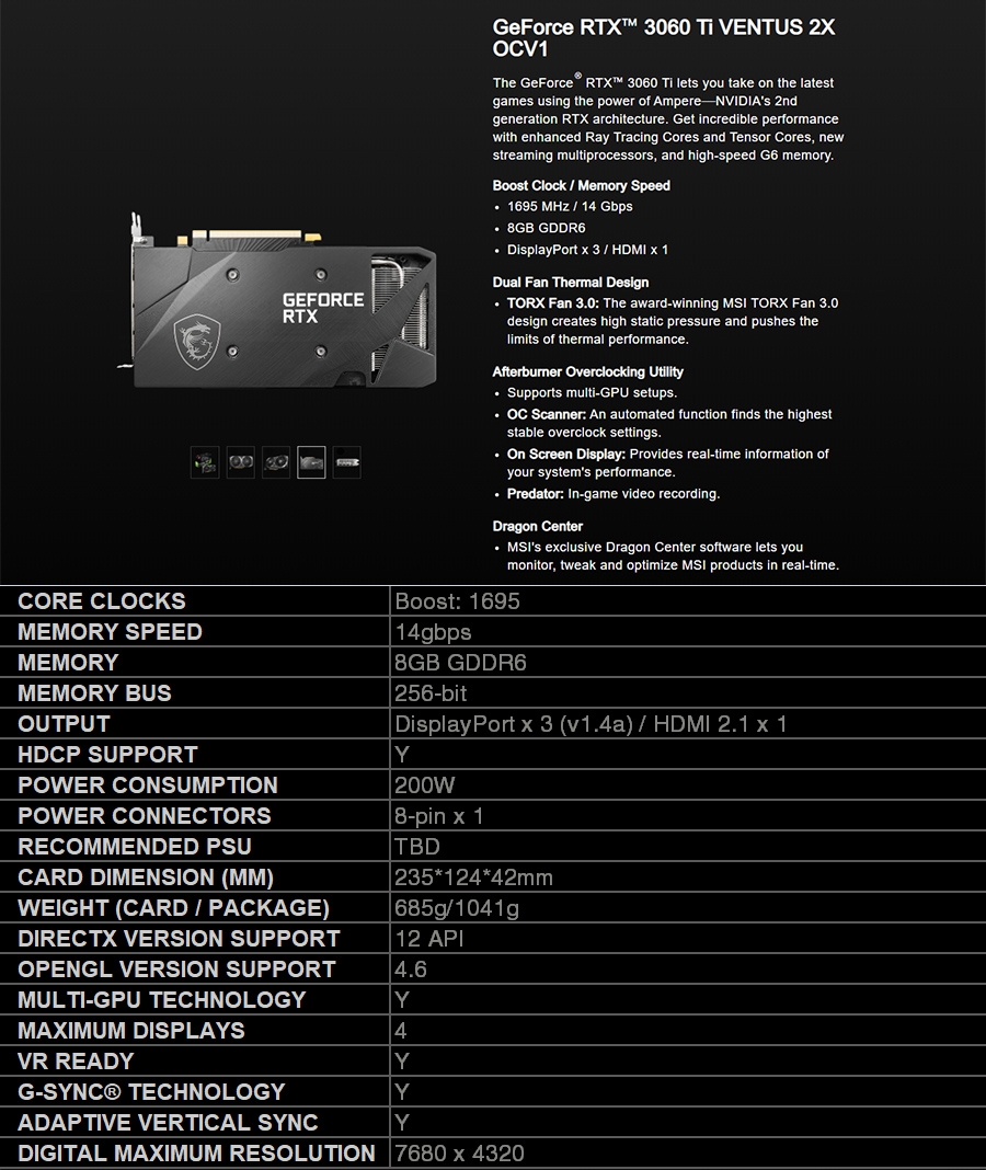 MSI 微星GeForce RTX3060 Ti VENTUS 2X OCV1 顯示卡| RTX 30系列
