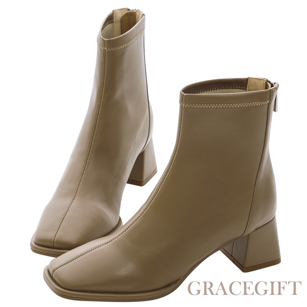 【Grace Gift】歐膩氛圍方頭粗跟襪靴 灰褐 product image 1