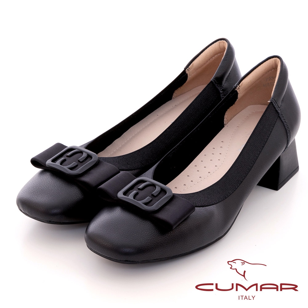 【CUMAR】真皮織帶飾釦粗跟低跟鞋-黑