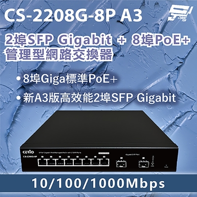 昌運監視器 CS-2208G-8P A3 2埠SFP Gigabit+8埠PoE+管理型網路交換器10/100/1000Mbps