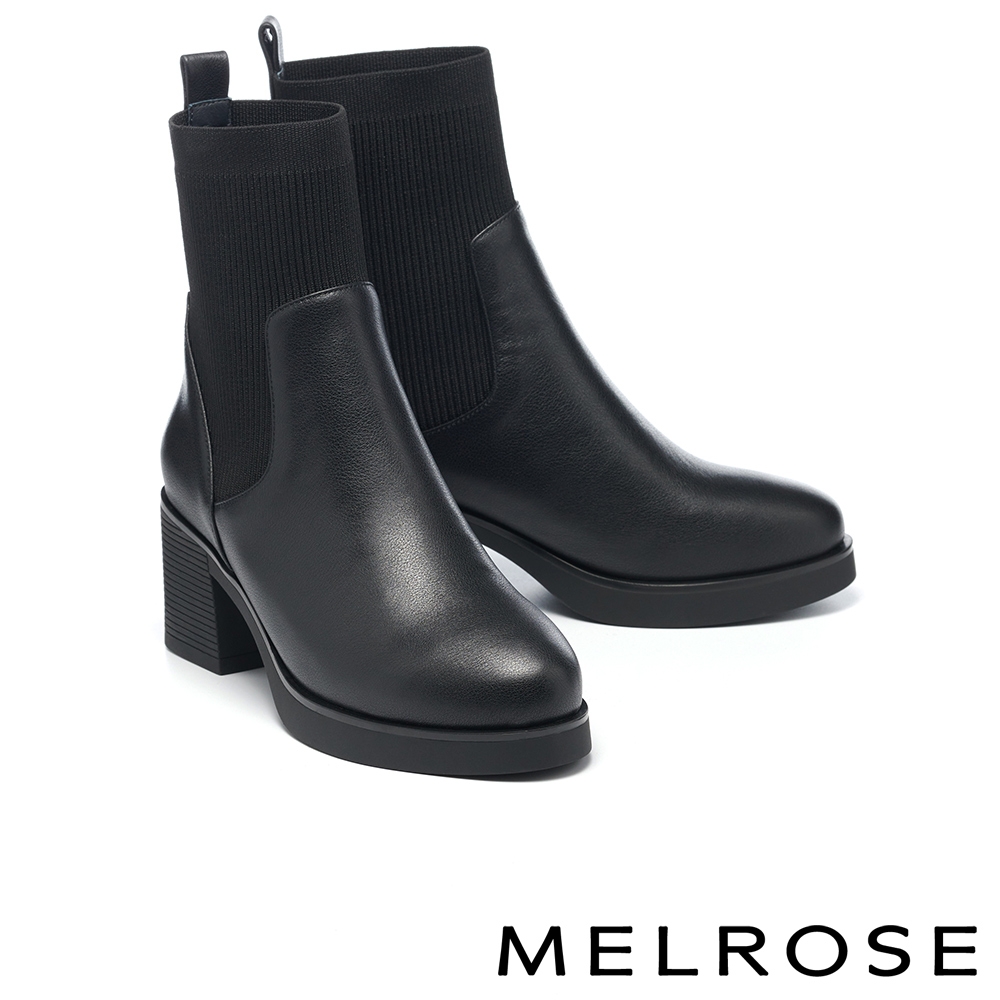短靴 MELROSE 美樂斯 率性時髦飛織拼接牛皮高跟短靴－黑