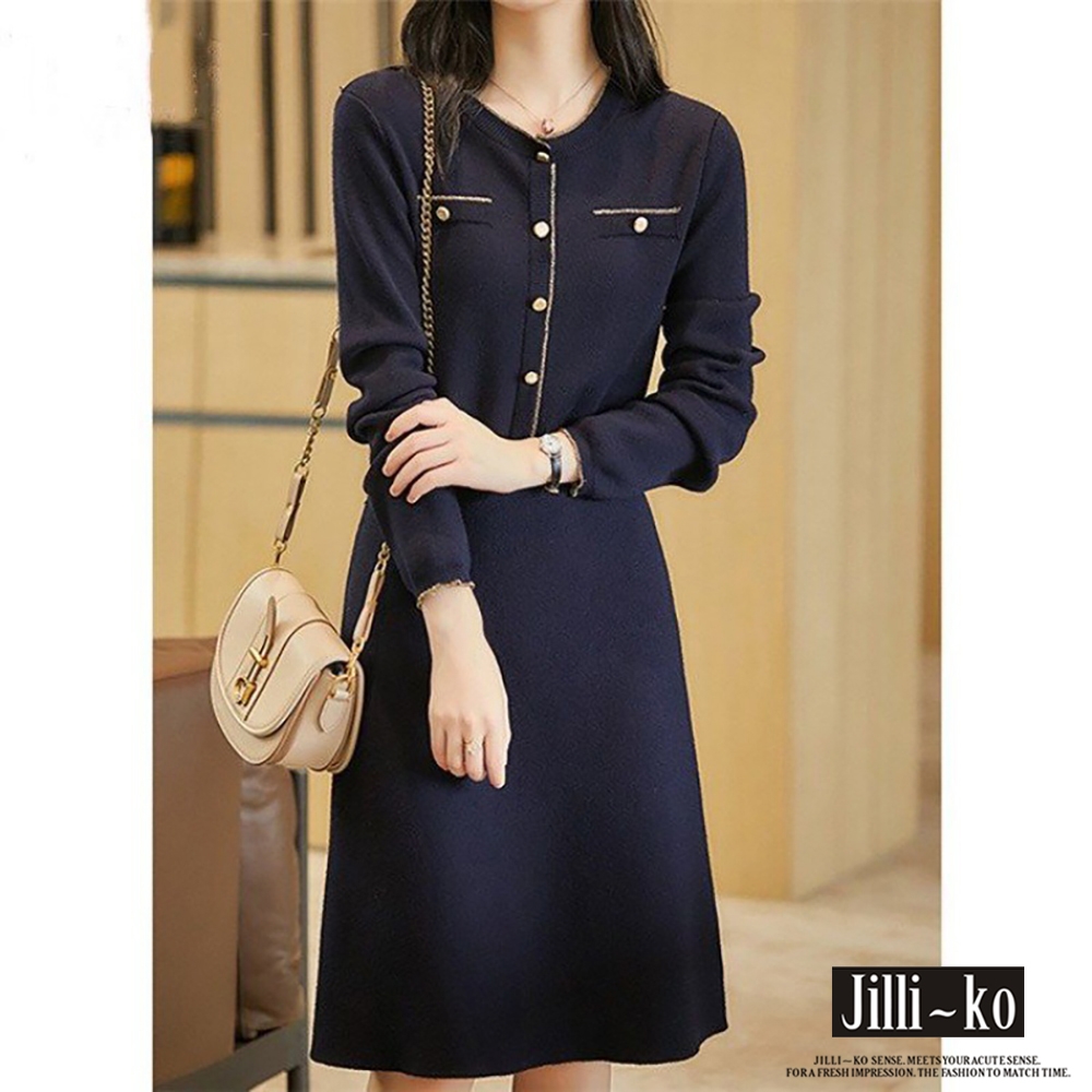 JILLI-KO 時尚氣質復古法式小香風針織連衣裙- 深藍
