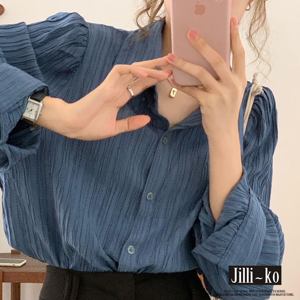 JILLI-KO 新款韓版設計感摺皺氣質顯瘦寬鬆襯衫- 藍色