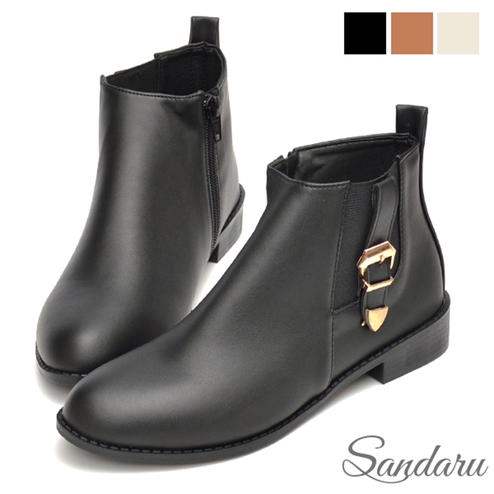 山打努SANDARU-短靴 側釦飾鬆緊皮革平底鞋-黑