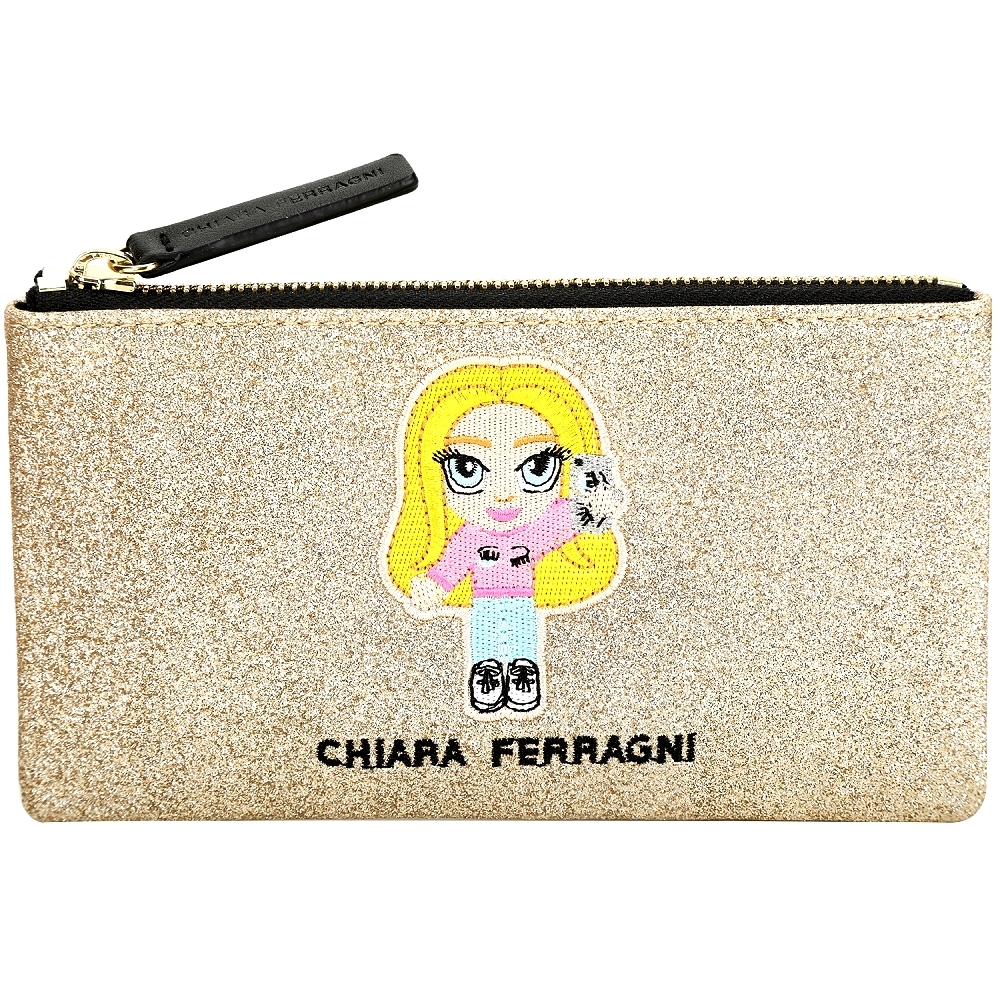 Chiara Ferragni @cfmascotte 刺繡IG女孩細沙感亮片手拿包(金色)