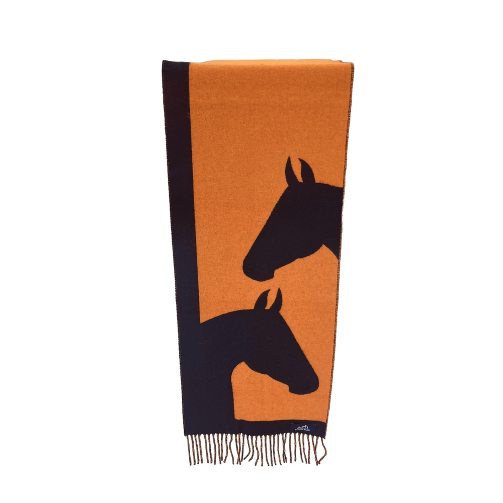 HERMES 最新款100%喀什米爾羊絨雙面雙色馬頭印花流蘇圍巾(愛的故事)(橘/深藍)