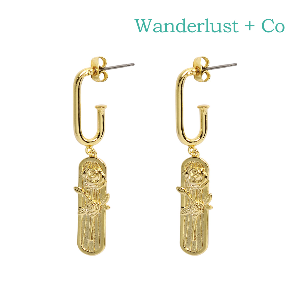 Wanderlust+Co 澳洲時尚品牌 ROSA玫瑰雕花吊墜耳環 金色