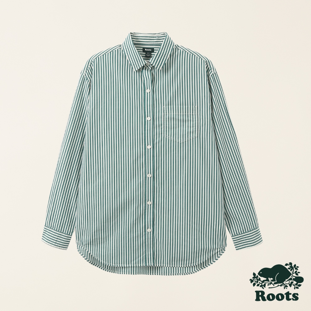 Roots女裝-率性生活系列 有機棉寬版條紋襯衫-綠色